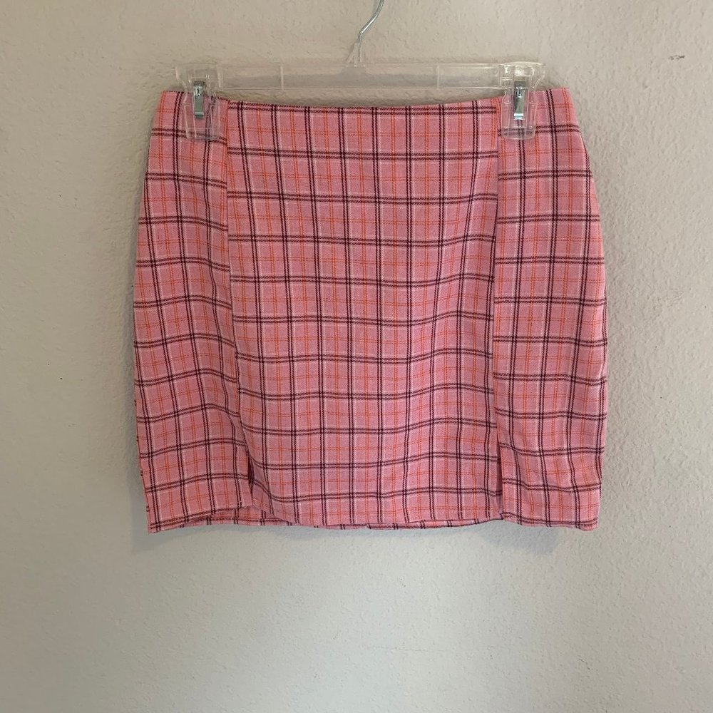 Double Slit Pink Plaid Mini Skirt